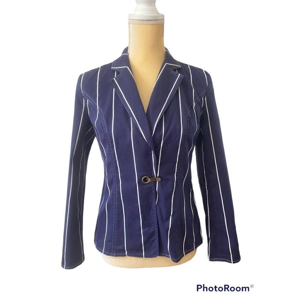 Peck & Peck Weekend Cinched Blazer Blue White Gold Colored Clasp - Size 4